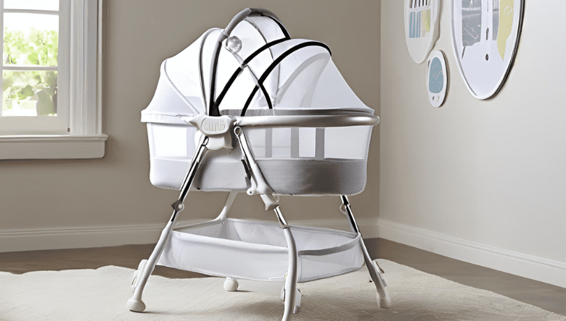 gray-mesh-bassinet-with-a-canopy-and-a-storage-section