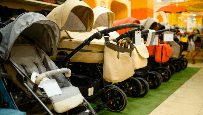 row-of-baby-strollers-in-a-kids-store