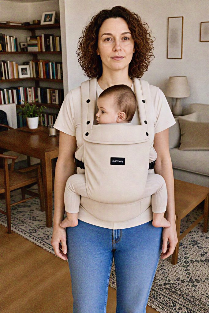 Front view of Kelleigh Wearing Momcozy Carrier