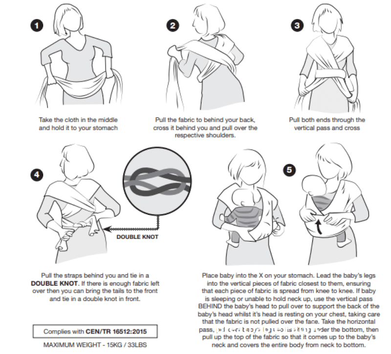 Step-by-step instructional guide on how to tie a baby wrap carrier, demonstrating how to secure a baby safely against the caregiver's chest.