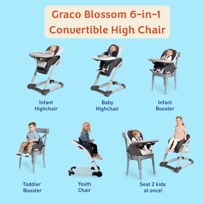 Six seating setups of the Graco Blossom high chair showing infant, baby, booster, and youth stages
