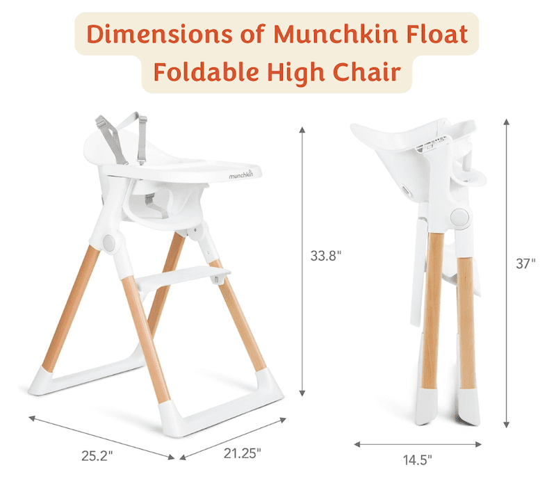 Foldable Munchkin Float high chair shown with full and folded dimensions labeled