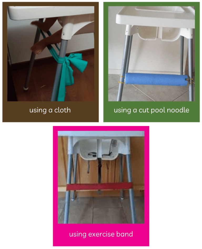 DIY footrest alternatives using a cloth sling, cut pool noodle, and exercise band attached to a chair